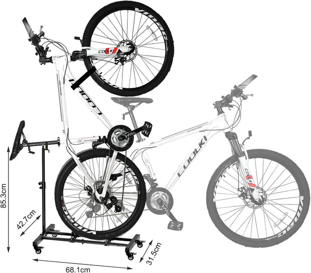 Fietsstandaard - Fiets Montagestandaard - Fietshouder - Vrijstaande Fiets-Vloerstandaard - met Vergrendelbare Wielen - In Hoogte Verstelbaar - voor Alle Fietstypes - tot 4inch Bandbreedte - Belastbaarheid tot 25kg - 85 x 68 x 43 cm - Zwart
