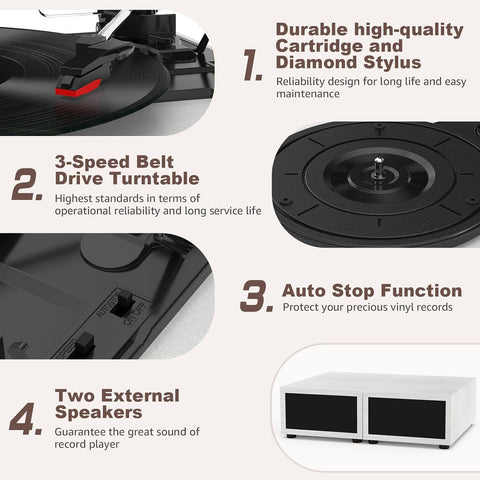 Platenspeler - Geïntegreerde Luidsprekers - Vintage Fonograaf - met Bluetooth 5.3 Ondersteunt - 2 Dubbele Stereoluidsprekers - 3 Snelheden - AUX - RCA - USB - Draadloos Afspelen - Hout - Wit