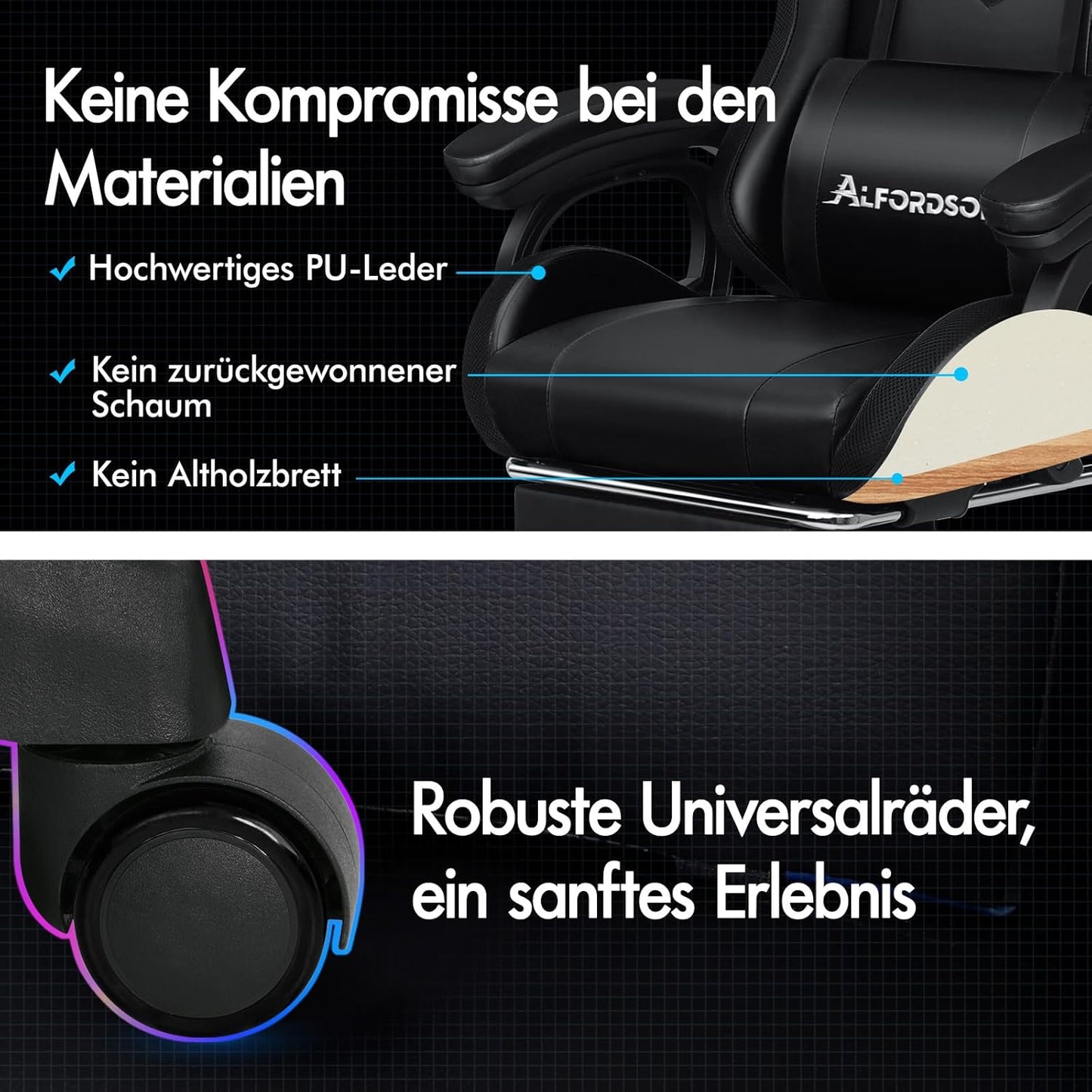 ALFORDSON Gaming Chair with 8-Point Massage, 12 Colours, RGB LED Light, Ergonomic Gaming Chair with Footrests, Headrest, Lumbar Cushion for Children and Adults, Black - QUORE