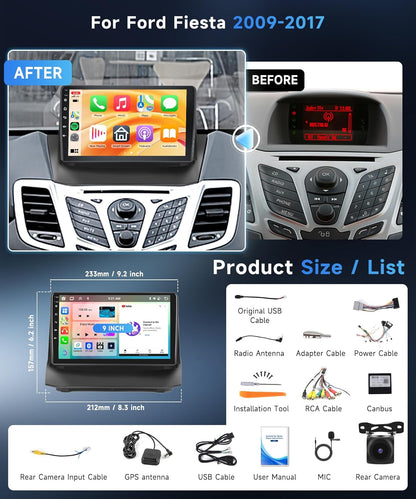 8 Kern 6+128G Kabellos Carplay Android Autoradio voor Ford Fiesta 2009-2017 9" Touchscreen Radio met Android Auto Mirror Link Bluetooth FM/RDS/EQ/DSP WiFi GPS Navi Stuurwielbediening