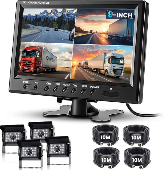 Podofo Vans RV achteruitrijcamera set, 9" monitor met 4 camera's, 4-kanaals videosysteem, IP68 nachtzicht, geschikt voor vrachtwagens/campers/auto's.