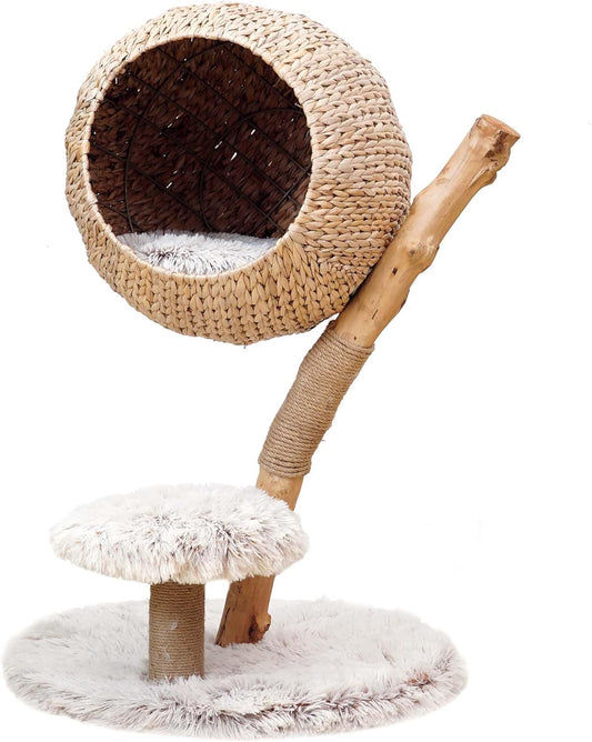 Kattenkrabpaal – Krabpaal – Kattenboom – Krabmeubel – Kattenmeubel – Eivormige Lounger – Perenhout – Zacht Pluche – 83 cm Hoog – Stabiele Rond Basis