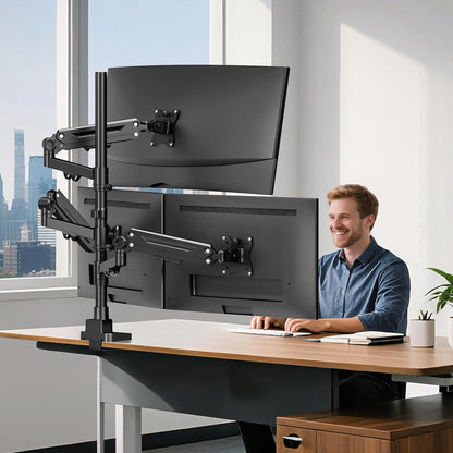 PUTORSEN monitorbeugel voor 3 monitoren voor 17-35 inch beeldschermen, monitorbeugel voor 3 monitoren in hoogte verstelbaar met 12 kg per arm, 80 cm stang, beeldschermbeugel zwenkbaar en kantelbaar