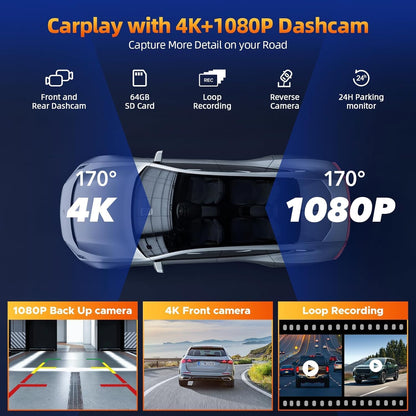 Volam 9,26'' draadloze Carplay Screen Araagbare autoradio met 4K Dash Cam, 1080p Achteruitrijcamera, A-pple Carplay Android Auto, Mirror Link, Loop Recording, GPS-navigatie, AUX/FM