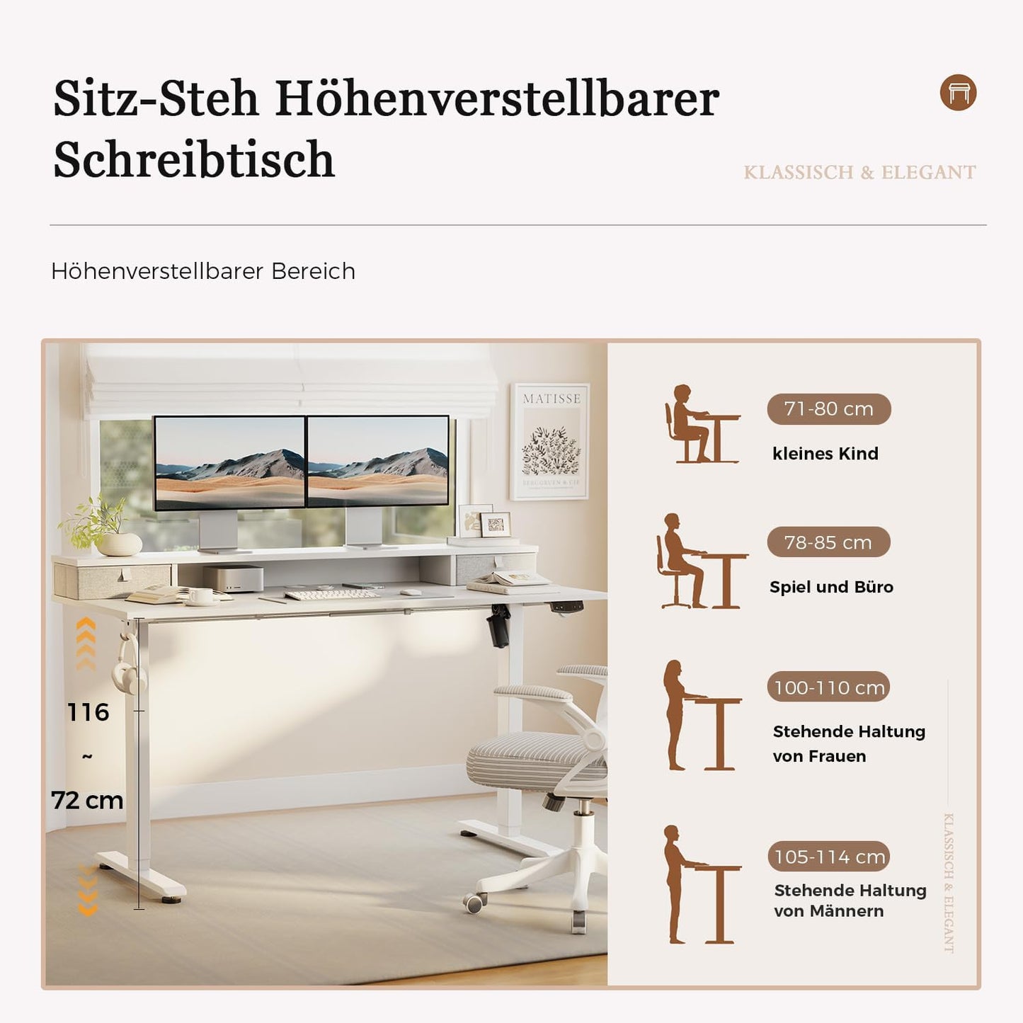 Klicelor Verstelbaar Bureau in Hoogte met Dubbele Lades, Elektrisch Verstelbaar Bureaux in Hoogte, Ergonomisch Sta bureau, 160x60, Wit