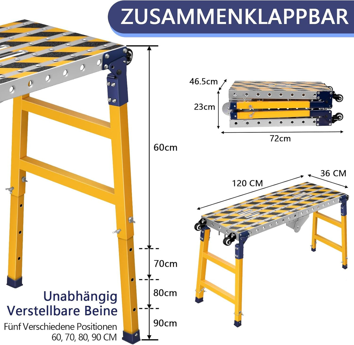 2-in-1 stabiel werkplatform + mobiele lastafel met antislip kleefstrips, 60-90 cm in hoogte verstelbaar, inklapbaar werkplatform loopplatform aluminium frame werkbank gegalvaniseerd, 500 kg