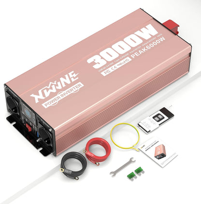XWJNE Pure sinus-omvormer 3000 W/6000 W 12 V naar 230 V, 2 wisselstroomstopcontacten, 1 USB-uitgang, 1 USB-C-uitgang, afstandsbediening en led-display, geschikt voor auto, camper en vrachtwagen.