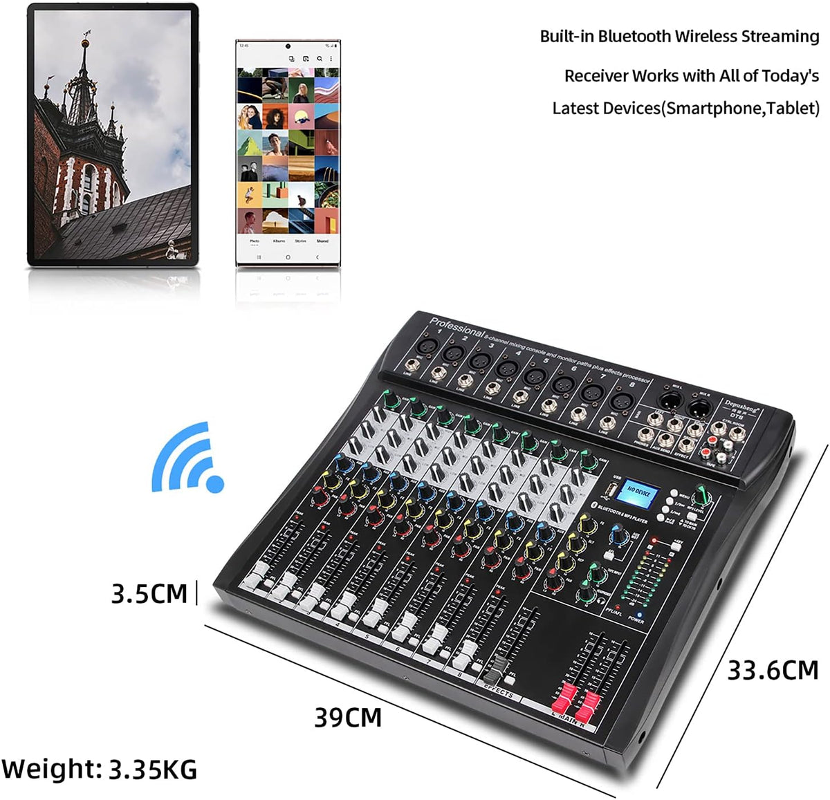 8-Kanaals Mixer Zwart – Mengpaneel, Mengtafel, Geluidsmixer, Mixconsole – Bluetooth, USB En MP3 – 48V Fantoomvoeding En 3-Bands EQ