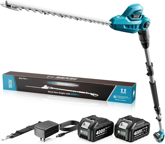 SEESII Uittrekbare heggenschaar accu 2,6 m, elektrische heggenschaar met 40 cm dubbele kling, 2 * 4,0Ah batterijen, 135° draaibare snijdkop, ideaal voor hoge heggen en dichte struiken in de tuin