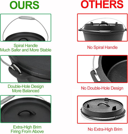8 Piece Pre-Seasoned Dutch Oven Cooking Set Cast Iron Camping Kitchen Cookware Bakeware Frying Pans & Square Grill Pan w/ Vintage Carry Wooden Box for Ourdoor Home BBQ Baking - QUORE