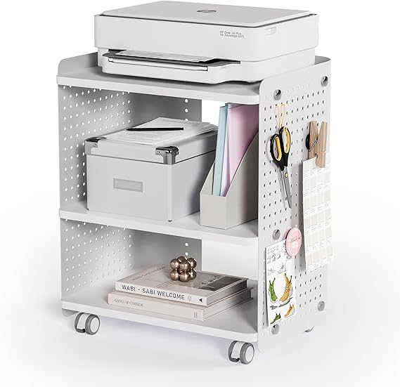 Fenge Printer Stand with Robust Perforated Panel and Wheels - 3-Step Storage Stand with Adjustable Shelf for Home Office, 45.3 x 33.5 x 53.5 cm (White) - QUORE