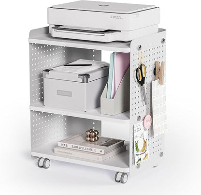 Fenge Printer Stand with Robust Perforated Panel and Wheels - 3-Step Storage Stand with Adjustable Shelf for Home Office, 45.3 x 33.5 x 53.5 cm (White) - QUORE