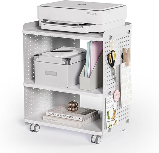 Fenge Printer Stand with Robust Perforated Panel and Wheels - 3-Step Storage Stand with Adjustable Shelf for Home Office, 45.3 x 33.5 x 53.5 cm (White) - QUORE