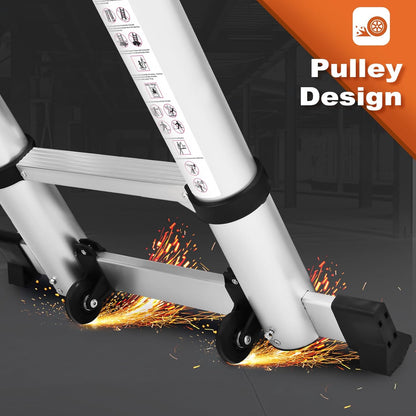 HBTower Telescopische ladder, aluminium, met haken, lichte uittrekbare ladder, uitschuifbare ladder, inklapbare ladder voor zolders, caravans, 150 kg draagvermogen, zilver