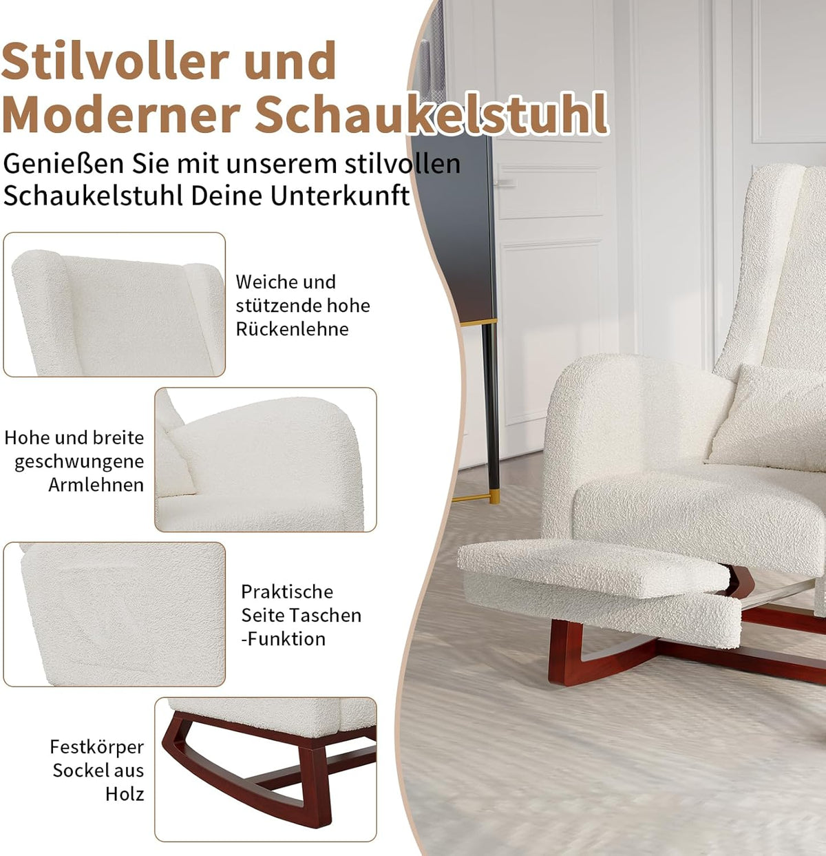 Schommelstoel – Relaxstoel – Fauteuil – Voedingsstoel – Schommelstoel Met Voetensteun – Schapenvacht Bekleding – Ergonomisch Lendenkussen – Zijvakken