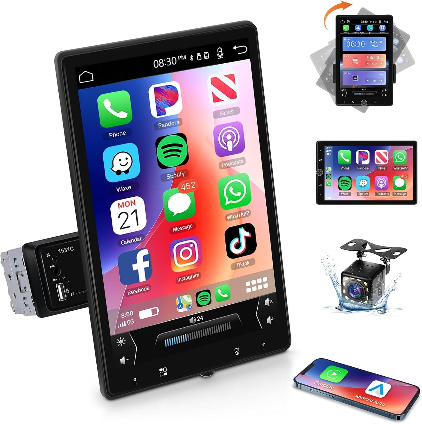 Autoradio 1 DIN met Carplay Android Auto bekabeld, 10,4 inch handmatig draaibaar touchscreen autoradio Bluetooth FM-radio, spiegel link, 2 USB, achteruitrijcamera