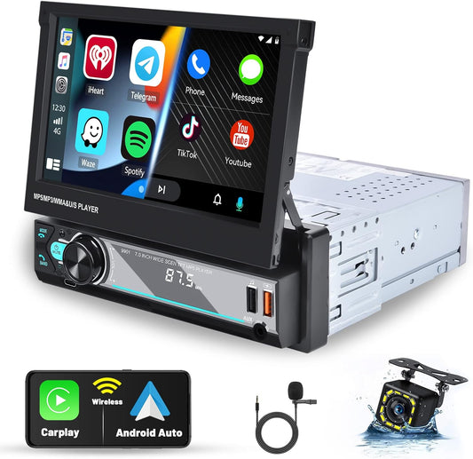 Autoradio 1DIN – Auto stereo – Multimedia speler – Navigatie systeem – Bluetooth radio – 7 inch uitschuifbaar touchscreen – Draadloze CarPlay & Achteruitrijcamera - QUORE