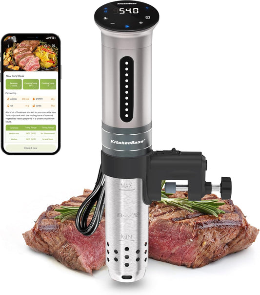 KitchenBoss Sous Vide Stick Garer: 1100 W precisietoestel wifi sous-vide stick app-besturing sous-vide staaf circulatie 40 ℃-90℃ IPX7 waterdicht LED Touch Display ultra-stille dompelcirculator