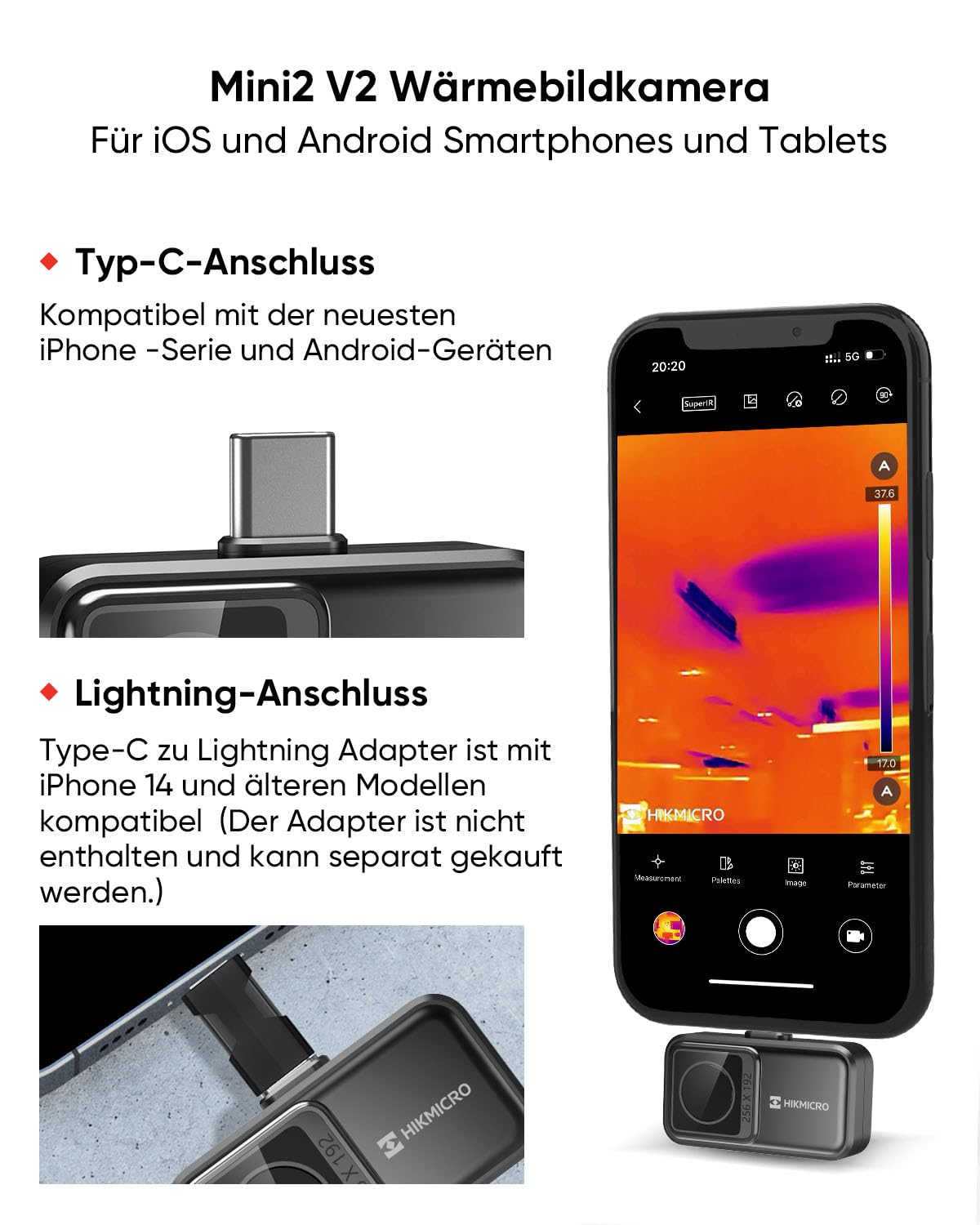 Warmtebeeldcamera HIKMICRO Mini2 V2, 512x384 SuperIR resolutie, <40mK, 25Hz, iOS/Android, 50° groothoek, infrarood camera ondersteunt iPhone 15/16, USB-C/Lightning-aansluiting (adapter inbegrepen)