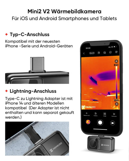 Warmtebeeldcamera HIKMICRO Mini2 V2, 512x384 SuperIR resolutie, <40mK, 25Hz, iOS/Android, 50° groothoek, infrarood camera ondersteunt iPhone 15/16, USB-C/Lightning-aansluiting (adapter inbegrepen)