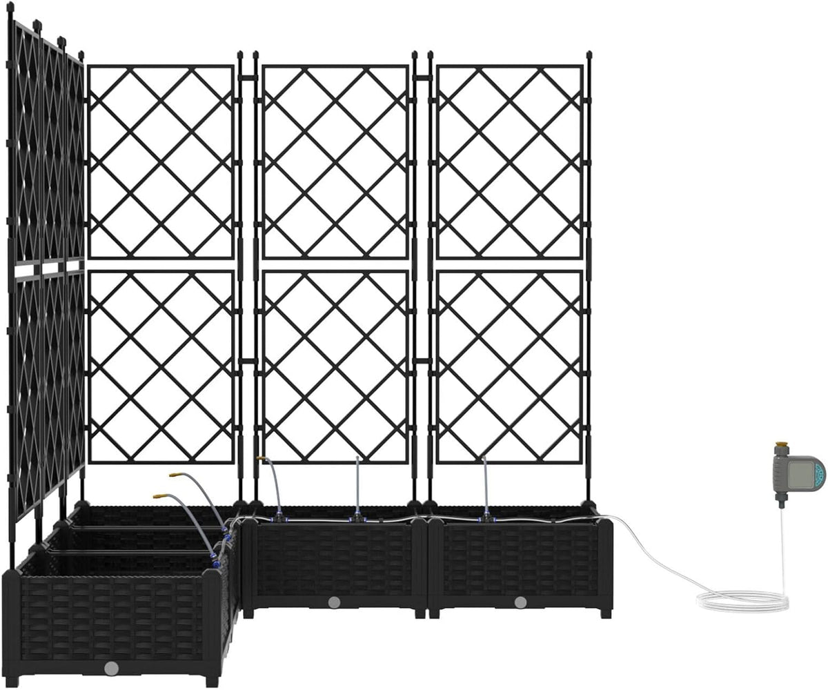 Rectangular Flower Box with Trellis and Irrigation System, Black for Garden, Balcony, Indoor and Outdoor Use, Material: Plastic, Waterproof, Modern Design - QUORE