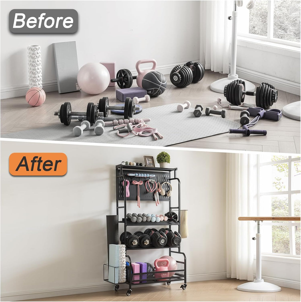 56" Taller Home Gym Storage Organizer, Yoga Mat Storage Rack with Hanging Board, Exercise Workout Equipment Storage Stand for Home Gym, Dumbbell Holder Kettlebell Rack with Wheels and Hooks - QUORE