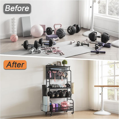 56" Taller Home Gym Storage Organizer, Yoga Mat Storage Rack with Hanging Board, Exercise Workout Equipment Storage Stand for Home Gym, Dumbbell Holder Kettlebell Rack with Wheels and Hooks - QUORE