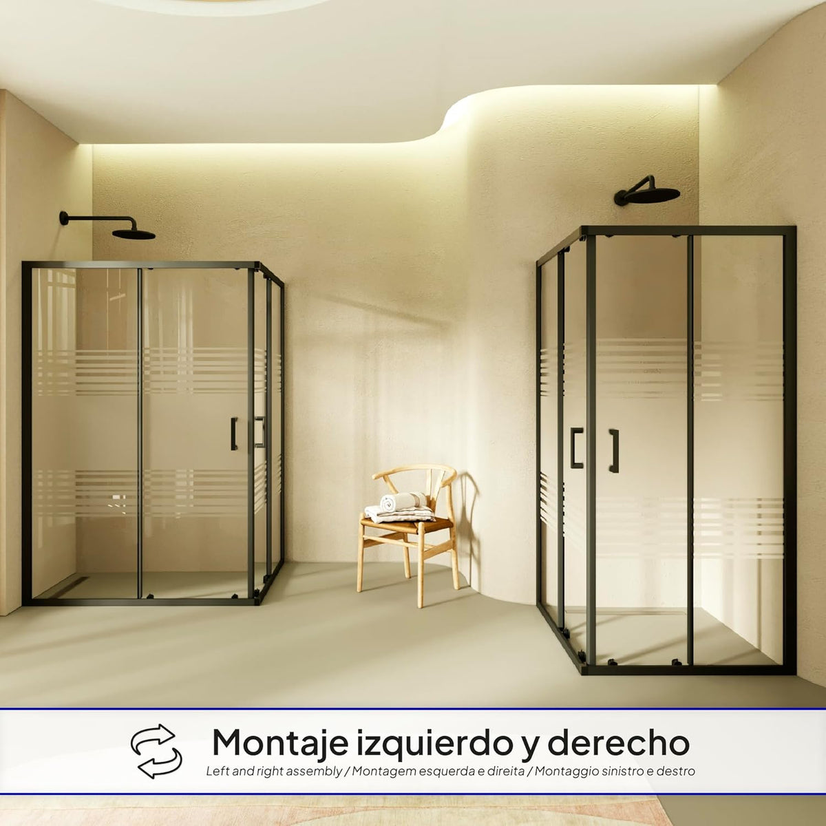 Douchecabine – Douchewand – Douchecabine Hoek – Douchecabine Schuifdeur – Veiligheidsglas – 90x90 cm – 6 mm ESG Veiligheidsglas – Zwarte Profielen – Partieel Gesatineerd – Hoogte 190 cm