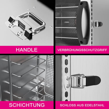 Lecon Voedseldroger van roestvrij staal, dehydrator, 30-90 °C, 24-uurs timer, dehydrator voor levensmiddelen, vlees, vruchten, groentedroger, fruitdroger, droogmachine met schort, verzegelde tank (8