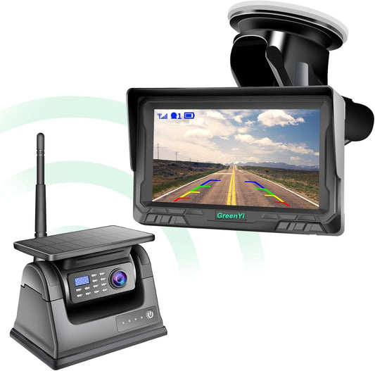 Magnetische draadloze achteruitrijcamera op zonne-energie, 5 inch monitor, AHD 1080P, achteruitrijcamera, oplaadbare batterij, geen bedrading, geen boren, draadloze back-upcamera voor