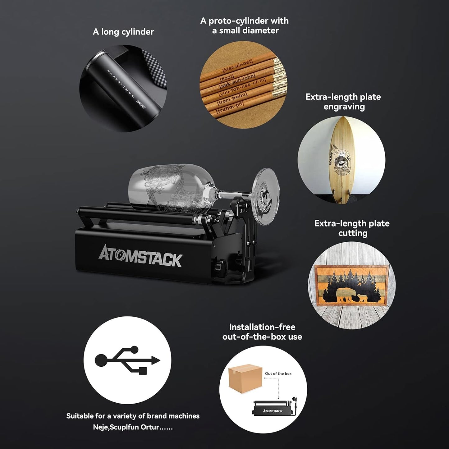 Laserrotatieroller – Rotatiemodule Voor Lasergraveermachine – Graveerroller – Y-As Rotatiewals – Roterende Roller Voor Cilindrische Objecten – 360° Gravure – 8 Instelbare Diameters Van 4 Tot 100 Mm