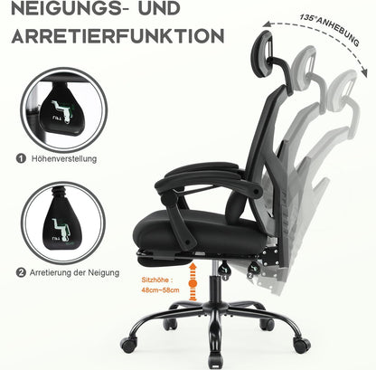 DUMOS Ergonomische bureaustoel, een bureaustoel met comfortabele armleuningen, uitgerust met een comfortabele lendensteun en voetensteun, geschikt voor thuis