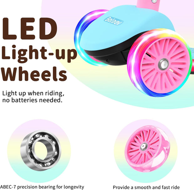 BELEEV Scooter voor kinderen van 3-12 jaar met lichtgevende wielen en deck, 3-wielige opvouwbare scooter voor peuters, meisjes, jongens, 4 verstelbare hoogte, antislippatroondek, lichtgewicht scooter
