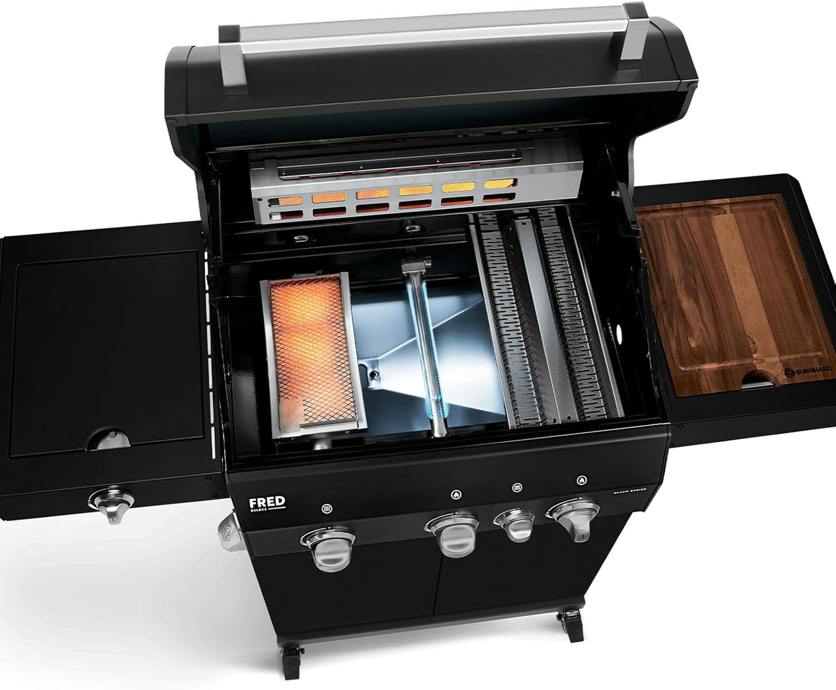 BURNHARD 3 Burners Gas Barbecue FRED Deluxe BLACK Series 3 incl. Rear Burner, Ceramic 900 °C Infrared Burner, Side Cooker, Cast Iron Grill Grate + Folding Side Tables - QUORE