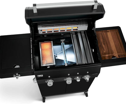 BURNHARD 3 Burners Gas Barbecue FRED Deluxe BLACK Series 3 incl. Rear Burner, Ceramic 900 °C Infrared Burner, Side Cooker, Cast Iron Grill Grate + Folding Side Tables - QUORE