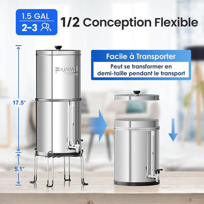 Zwaartekracht Waterfiltersysteem – Waterfilterkan – Waterfilter – Zwaartekrachtfilter – Drinkwaterfilter – 5,7 Liter, 304 Roestvrij Staal – 6-Traps Filtratie Zonder Stroom