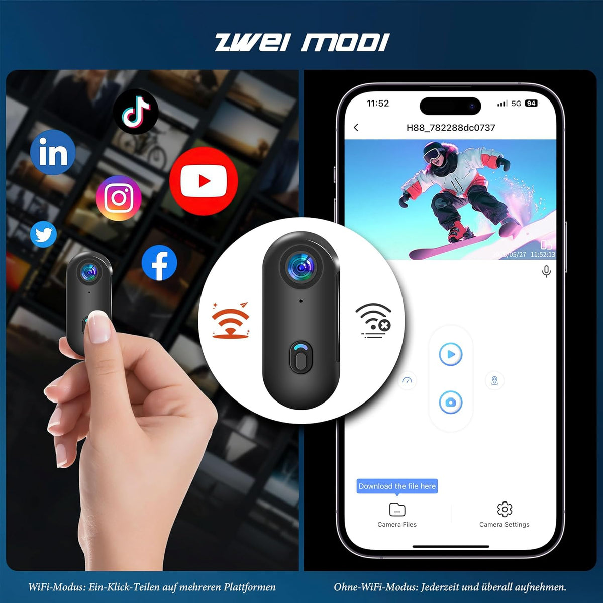 Mini Action Cam WiFi 4K onderwatercamera, waterdicht tot 30 m handsfree voor overal 360° helmcamera voor motorfiets, fiets, bodycam, mini-camera