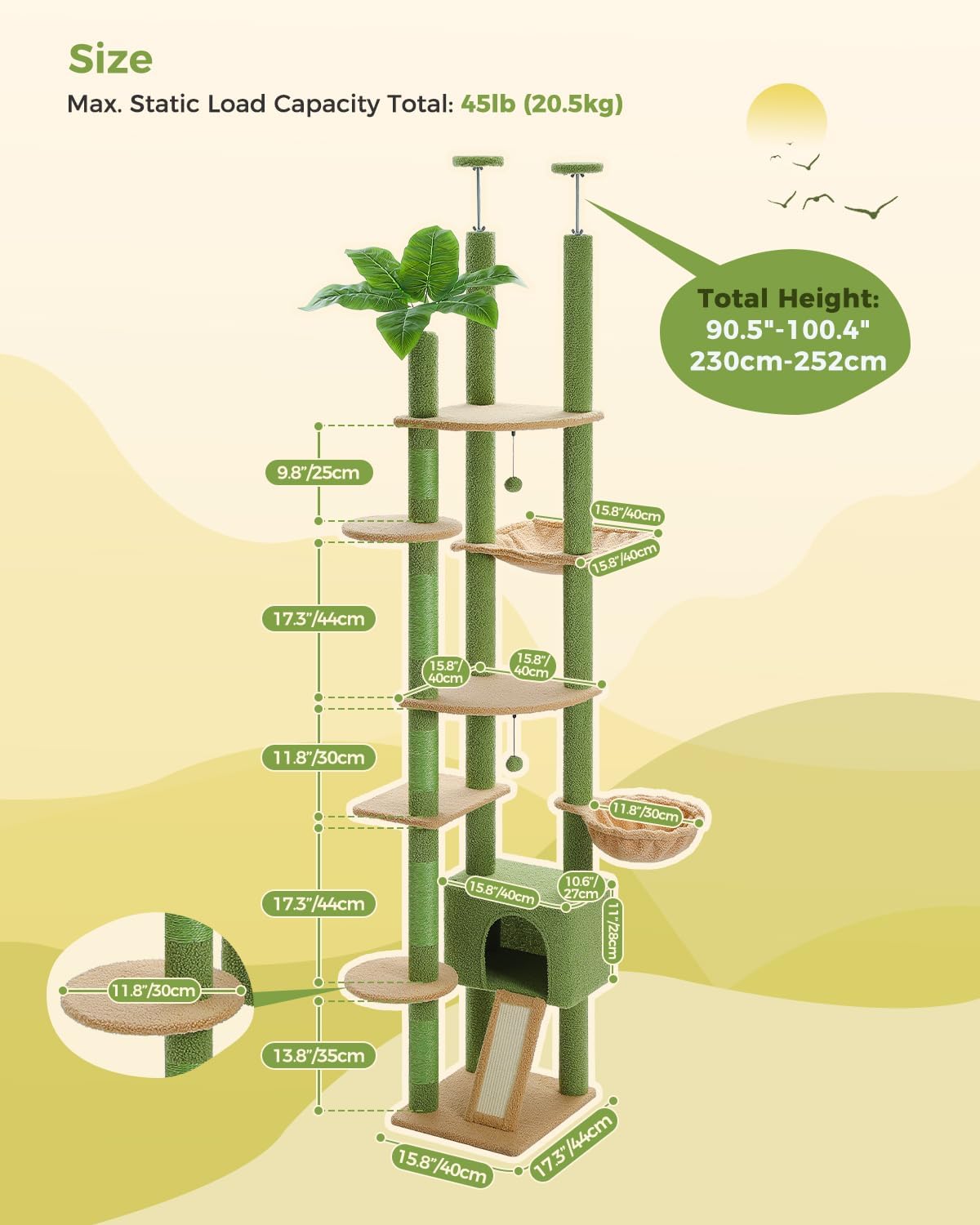 PAWZ Road High Cat Tree Floor to Ceiling Cat Tower Cactus with Adjustable Height (230-252cm), Cat Climbing Activity Center with Scratching Posts, Apartment, Cozy Hammock and Dangling Balls for - QUORE