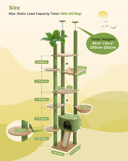 PAWZ Road High Cat Tree Floor to Ceiling Cat Tower Cactus with Adjustable Height (230-252cm), Cat Climbing Activity Center with Scratching Posts, Apartment, Cozy Hammock and Dangling Balls for - QUORE