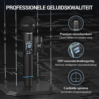 Draadloos microfoonsysteem – Draadloze microfoon, microfoonset, karaoke microfoon, set van 2 – Auto-Scan & IR-Koppeling – Bereik Tot 100 Meter