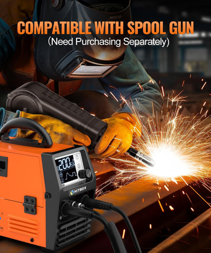 HITBOX Gasloos Flux Cored Lasapparaat, 200A 230V, 4-in-1 MIG/MMA/ARC/Lift TIG/Spool Gun Lasser (HIM200)
