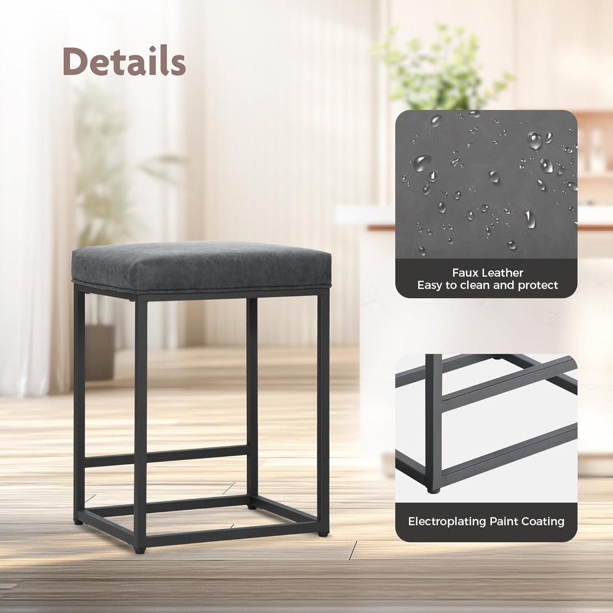 ALPHA HOME 2 Bar Stools with Footrest Kitchen Chairs PU Leather Backless Stool Bar Stool Bistro Stool for Indoor Outdoor Dining Home Bar Coffee Chairs (Grey)