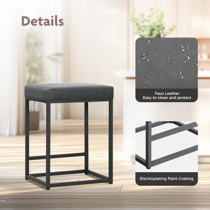 ALPHA HOME 2 Bar Stools with Footrest Kitchen Chairs PU Leather Backless Stool Bar Stool Bistro Stool for Indoor Outdoor Dining Home Bar Coffee Chairs (Grey)