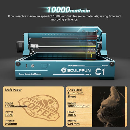 SCULPFUN C1 Mini Laser Engraver, 3W Portable Laser Engraving Machine with 0.04mm Ultra Fine Spot, Work for DIY Beginners,Plywood,Leather,Kraft Paper,Slate, Engraving Area 150 * 130mm