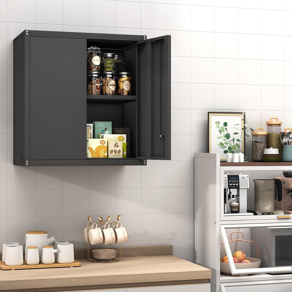 GREATMEET Metal Hanging Cabinet, Tool Cabinet with Swing Door, Wall-Mounted Garage Storage Cabinets with 1 Adjustable Shelf and 2 Doors, Steel Cabinet for Garage, Office and Home, Black - QUORE