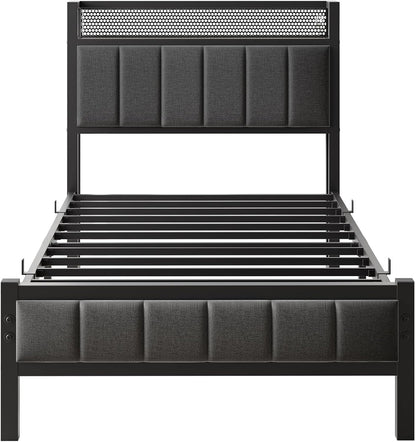 3ft eenpersoonsbedframes met opberghoofdeinde, zwaar metalen bedframe eenpersoons, geen boxspring nodig, solide bedsteadbasis/sterke stalen latten ondersteuning/grijs