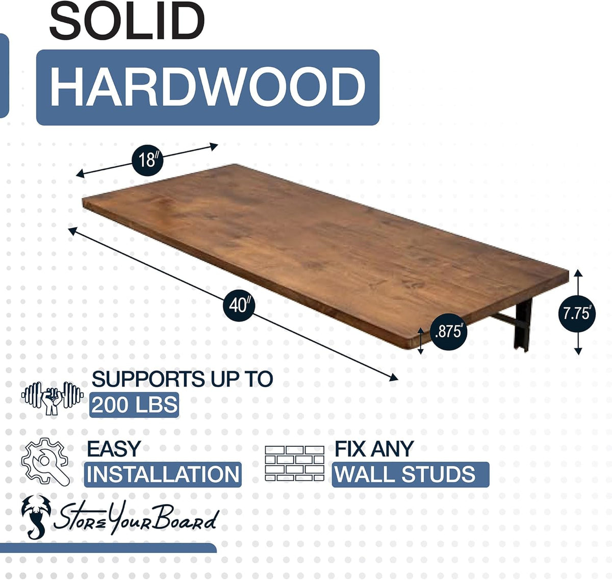 StoreYourBoard Wandgemonteerde opvouwbare tafel, donker houten slagersblok vouwbureau, 40 "x 18", zwarte stalen beugels