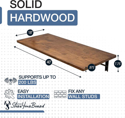 StoreYourBoard Wandgemonteerde opvouwbare tafel, donker houten slagersblok vouwbureau, 40 "x 18", zwarte stalen beugels
