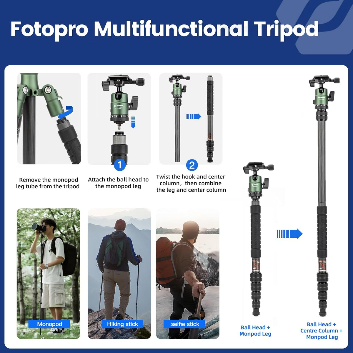Fotopro 62 inch koolstofvezel reisstatief, compact camerastatief met metalen kogelkop, afneembare monopod met Arca-Swiss snelkoppelingsplaat en tas, belastbaar tot 8 kg