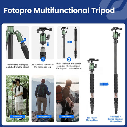 Fotopro 62 inch koolstofvezel reisstatief, compact camerastatief met metalen kogelkop, afneembare monopod met Arca-Swiss snelkoppelingsplaat en tas, belastbaar tot 8 kg